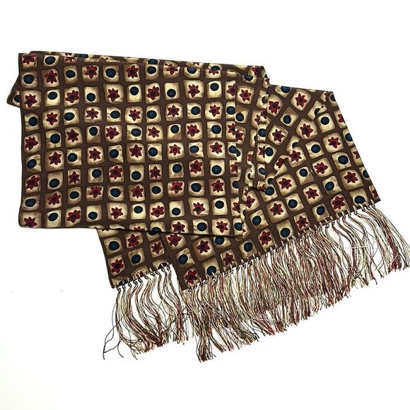 Men’s Silk Dress Scarf with Fringes Brown Beige Blue Red - Picture 3 of 6